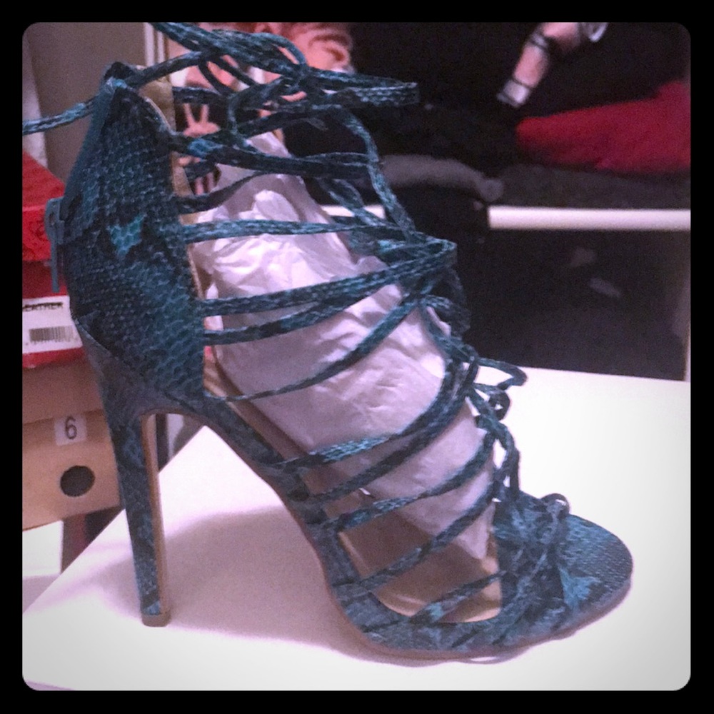 Turquoise snake print high heel sandal